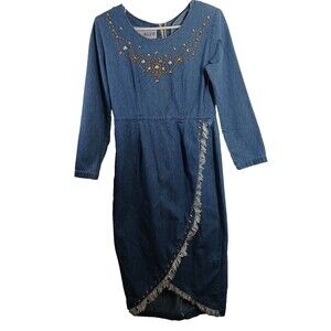 Vintage Boy Blue Women’s Denim Chambray Faux Wrap Dress w/Fringe Hem Size Small
